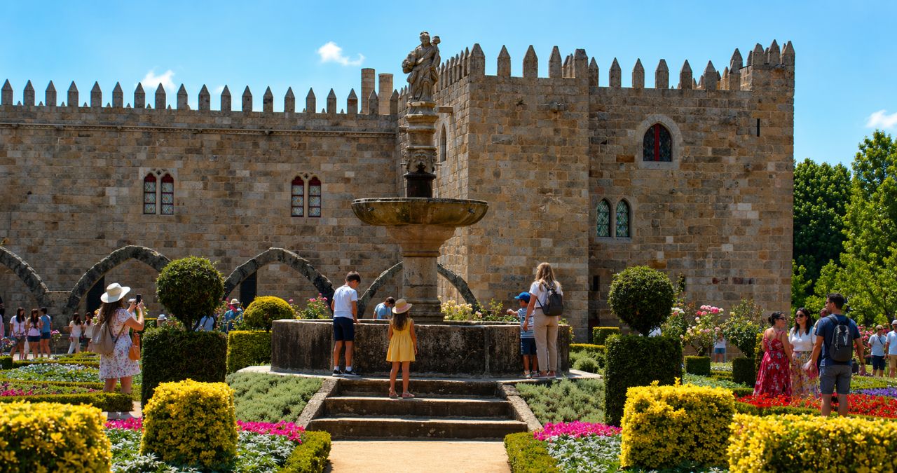 Fonte barroca de pedra com estátua no topo cercada por crianças e turistas em um jardim florido com muralhas medievais ao fundo.