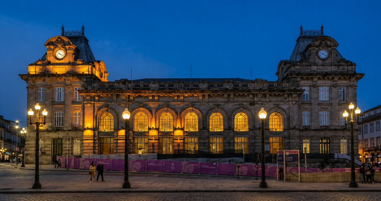 Fotografia frontal e centralizada da Estação de São Bento ao anoitecer, exibindo janelas iluminadas em tom amarelado e torres laterais simétricas.