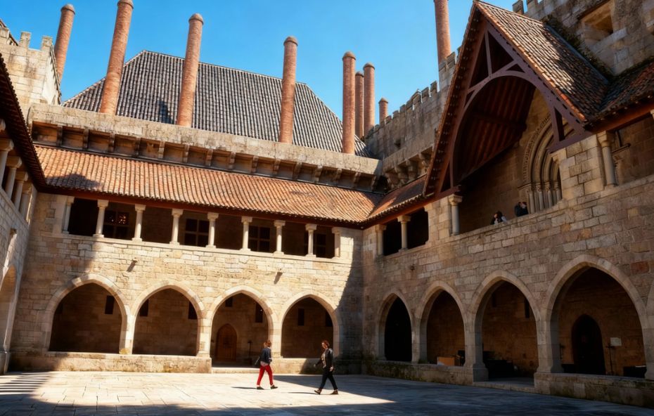 Fotografia do pátio interno de um palácio medieval em pedra com arcadas góticas no térreo e várias chaminés cilíndricas altas de tijolos vermelhos saindo do telhado sob um céu azul. Duas pessoas caminham pelo pátio ensolarado.
