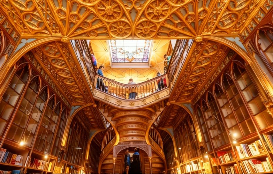 Fotografia do interior da Livraria Lello mostrando a icônica escadaria de madeira em espiral sob um teto ricamente ornamentado e iluminação vinda do vitral da claraboia superior.