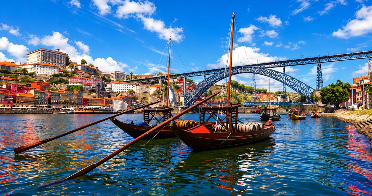 Vista ensolarada do Rio Douro no Porto apresentando barcos rabelos tradicionais carregados de barris de vinho em primeiro plano.