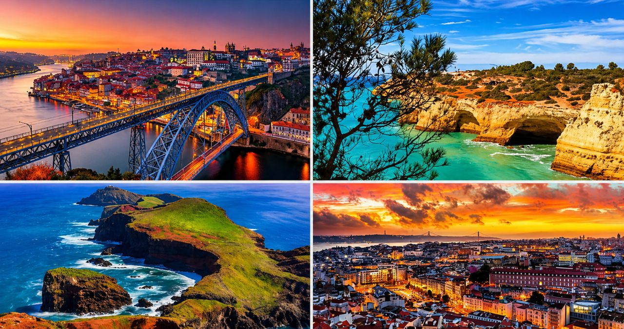 Uma montagem fotográfica de quatro imagens em uma grade quadrada mostra no canto superior esquerdo a Ponte D. Luís I e a cidade do Porto ao pôr do sol. No canto superior direito exibe as falésias e cavernas marinhas do Algarve sob céu azul. No canto inferior esquerdo captura o Ponta de São Lourenço na Madeira com penhascos verdes e o oceano. No canto inferior direito apresenta a cidade de Lisboa iluminada ao amanhecer com o rio Tejo e pontes ao fundo.