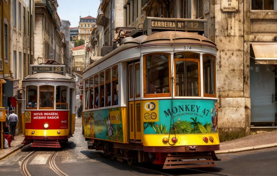Fotografia de dois bondinhos elétricos amarelos e vermelhos circulando sobre trilhos em uma rua estreita de paralelepípedos ladeada por prédios antigos em Lisboa.