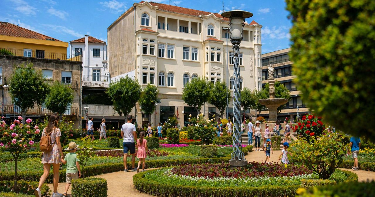 Pessoas e famílias caminhando por trilhas de um jardim florido com um poste ornamental metálico e prédios históricos ao fundo.