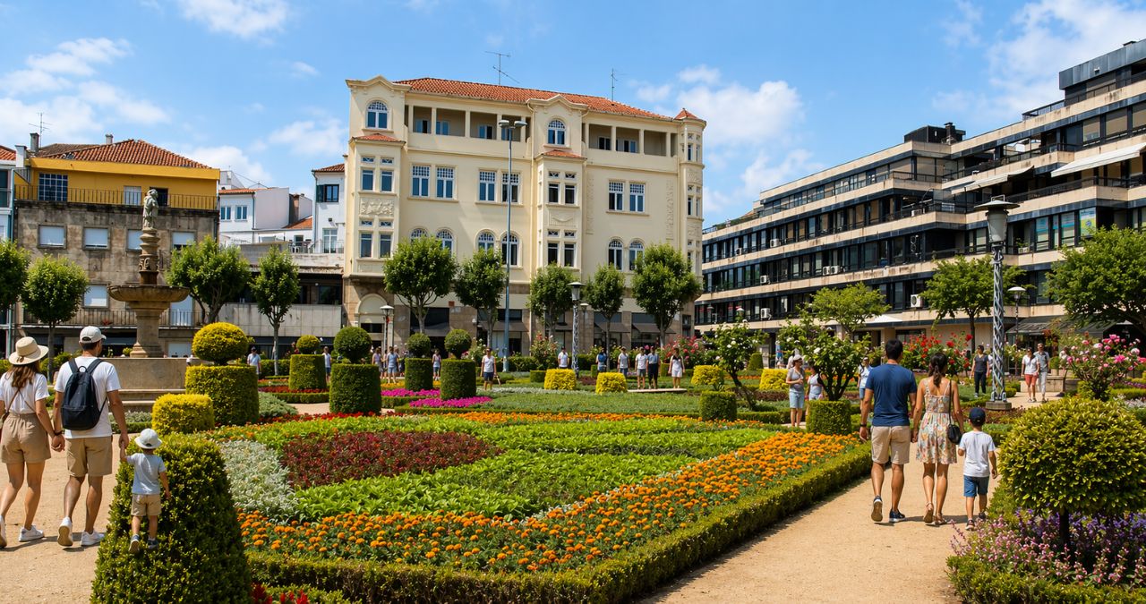 Canteiros de flores amarelas e arbustos esculpidos em primeiro plano com edifícios históricos e modernos sob céu azul ao fundo.