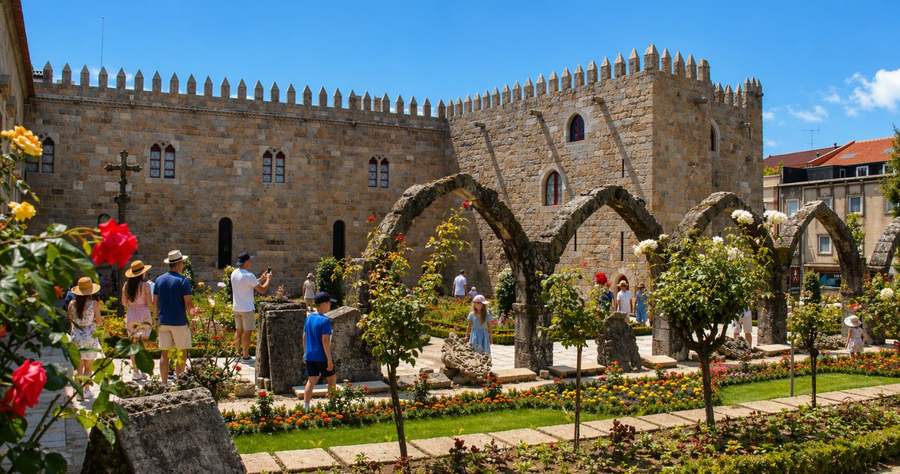 Arcos de pedra medievais em ruínas cercados por flores coloridas e turistas com a fachada do Paço Episcopal ao fundo.