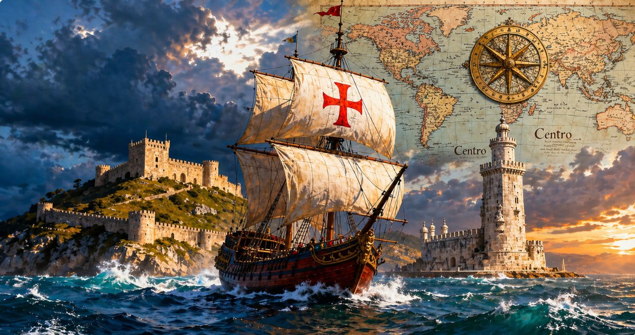 Ilustração de uma caravela portuguesa com cruz de cristo navegando entre o Castelo de Almourol e a Torre de Belém.