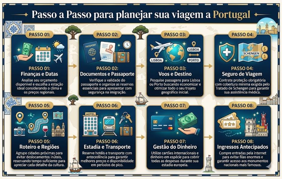 Um infográfico organizado em duas fileiras de quatro blocos azuis escuros com bordas douradas, numerados de 1 a 8, detalhando o planejamento de uma viagem a Portugal sobre um fundo de mapa-múndi claro com ilustrações de caravelas, árvores e azulejos. Cada bloco contém um número, um ícone ilustrativo (dinheiro, passaporte, avião, escudo de saúde, mapa, hotel, cartão de crédito, ingressos), um título curto e um parágrafo descritivo em português.