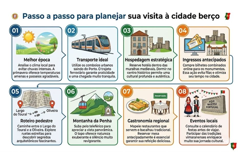 Infográfico retangular com oito etapas ilustradas sobre o planejamento turístico na cidade de Guimarães em Portugal com tons azuis e laranjas.