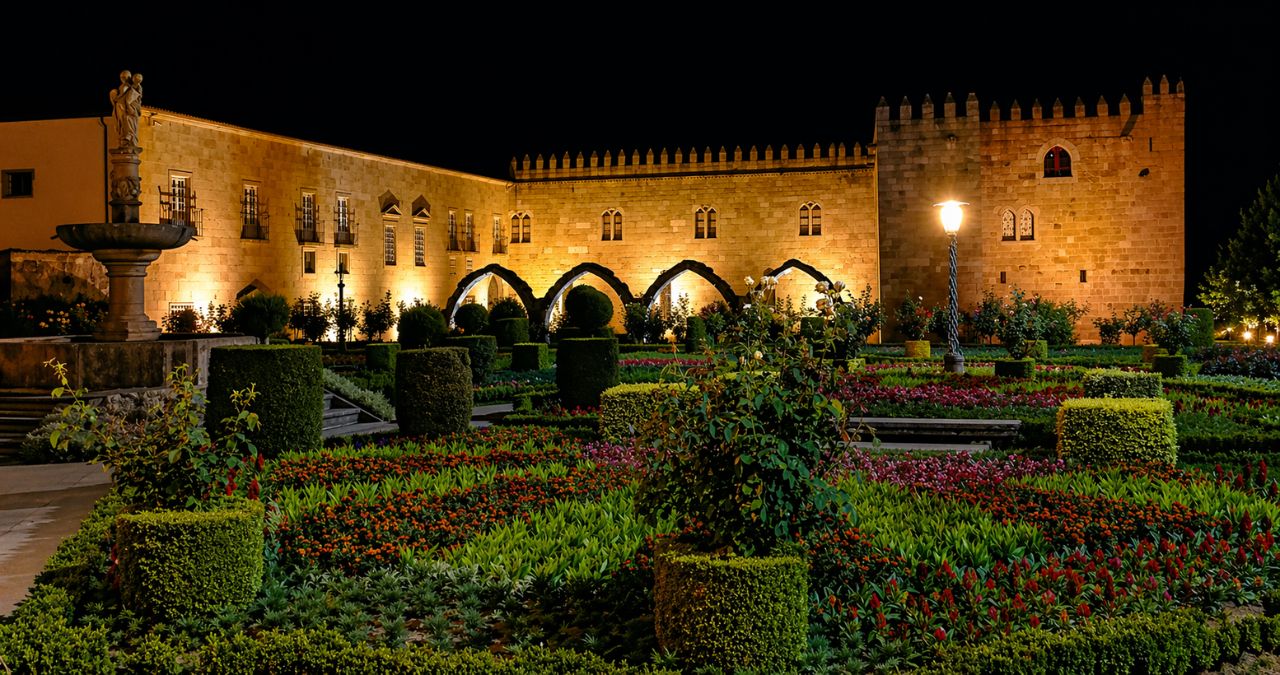 Vista noturna de um jardim iluminado com canteiros de flores e arbustos em primeiro plano e um castelo de pedra ao fundo.