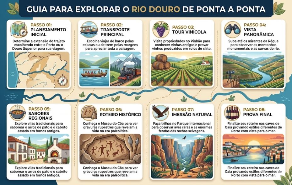 Infográfico organizado em oito etapas ilustradas que descrevem o roteiro turístico pelo Rio Douro incluindo planejamento e degustação final.