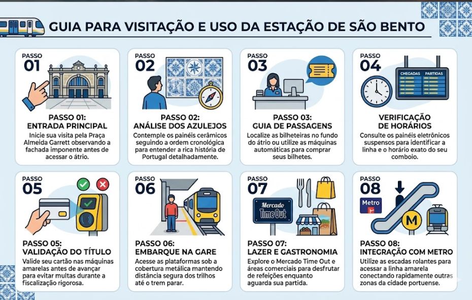 Infográfico com fundo azul claro apresentando oito passos ilustrados sobre como visitar e utilizar os serviços da Estação de São Bento.