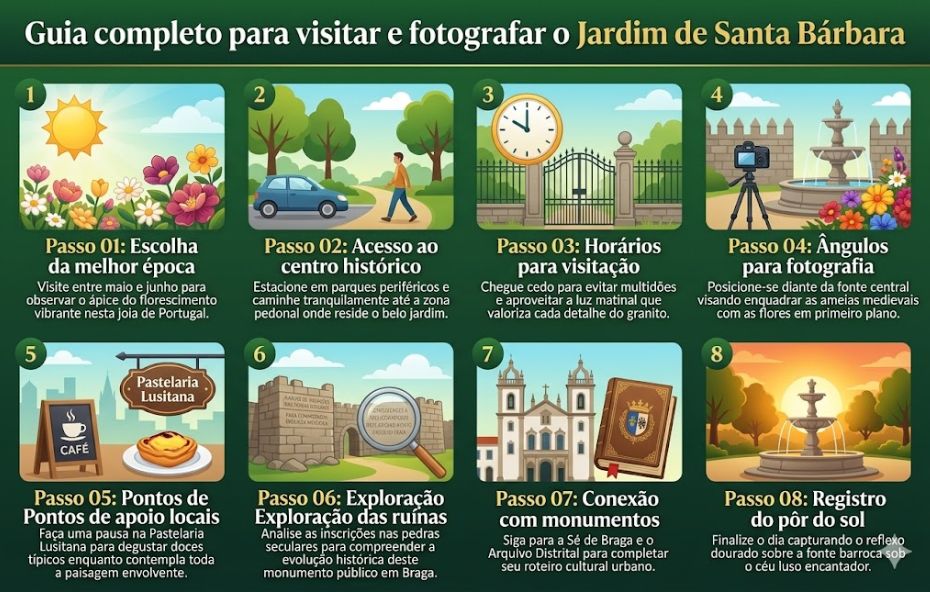Um infográfico colorido dividido em oito painéis numerados, com o título "Guia completo para visitar e fotografar o Jardim de Santa Bárbara", apresentando dicas e ilustrações para turistas.