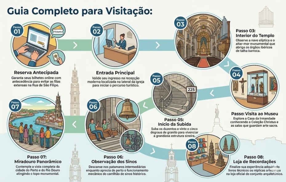 Um infográfico vertical ilustrado intitulado "Guia Completo para Visitação:", detalhando uma jornada de oito passos para explorar a Torre dos Clérigos em Porto, Portugal. O guia usa ilustrações limpas e coloridas em painéis numerados e uma linha do tempo sinuosa. Começa com a compra de bilhetes online no "Passo 01: Reserva Antecipada" e validação na recepção no "Passo 02: Entrada Principal". O percurso continua pelo "Passo 03: Interior do Templo", "Passo 04: Visita ao Museu", "Passo 05: Início da Subida" de 225 degraus, "Passo 06: Observação dos Sinos", e culmina no "Passo 07: Miradouro Panorâmico" com vista para a cidade e o rio Douro. O final é o "Passo 08: Loja de Recordações". O design é moderno e fácil de seguir.