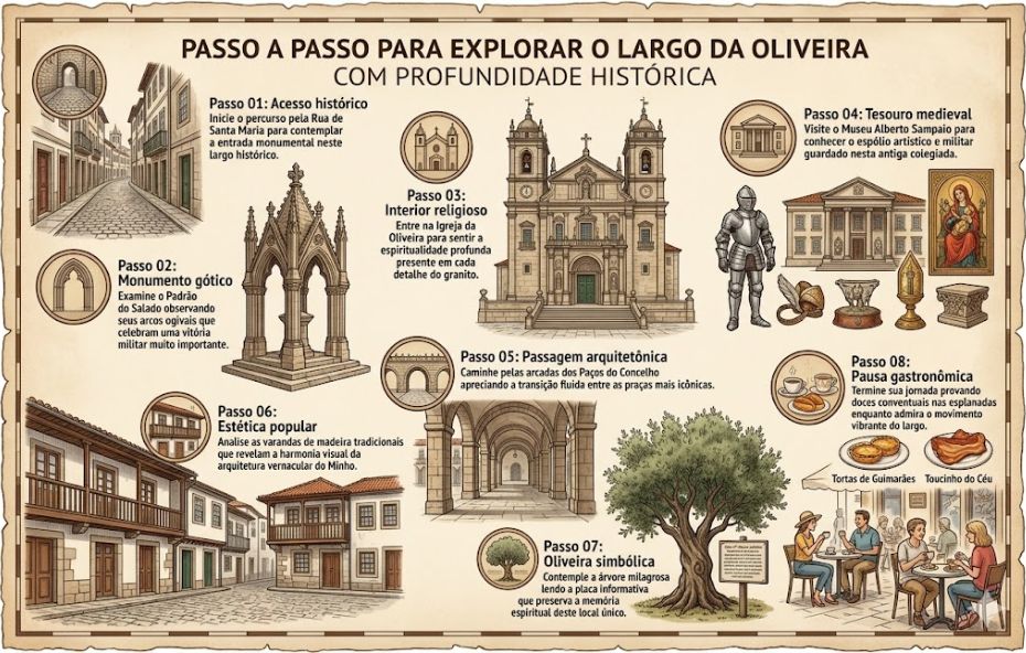 Infográfico ilustrado com fundo de mapa antigo detalhando oito passos para explorar o Largo da Oliveira em Guimarães.