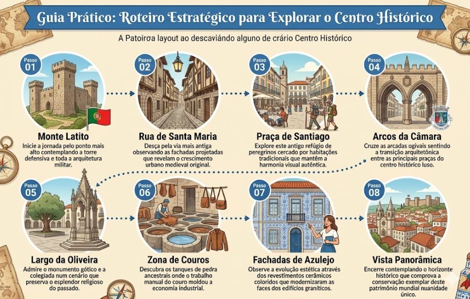 Infográfico ilustrado com fundo bege e detalhes de mapas antigos apresentando oito passos numerados para explorar Guimarães começando pelo Monte Latito.