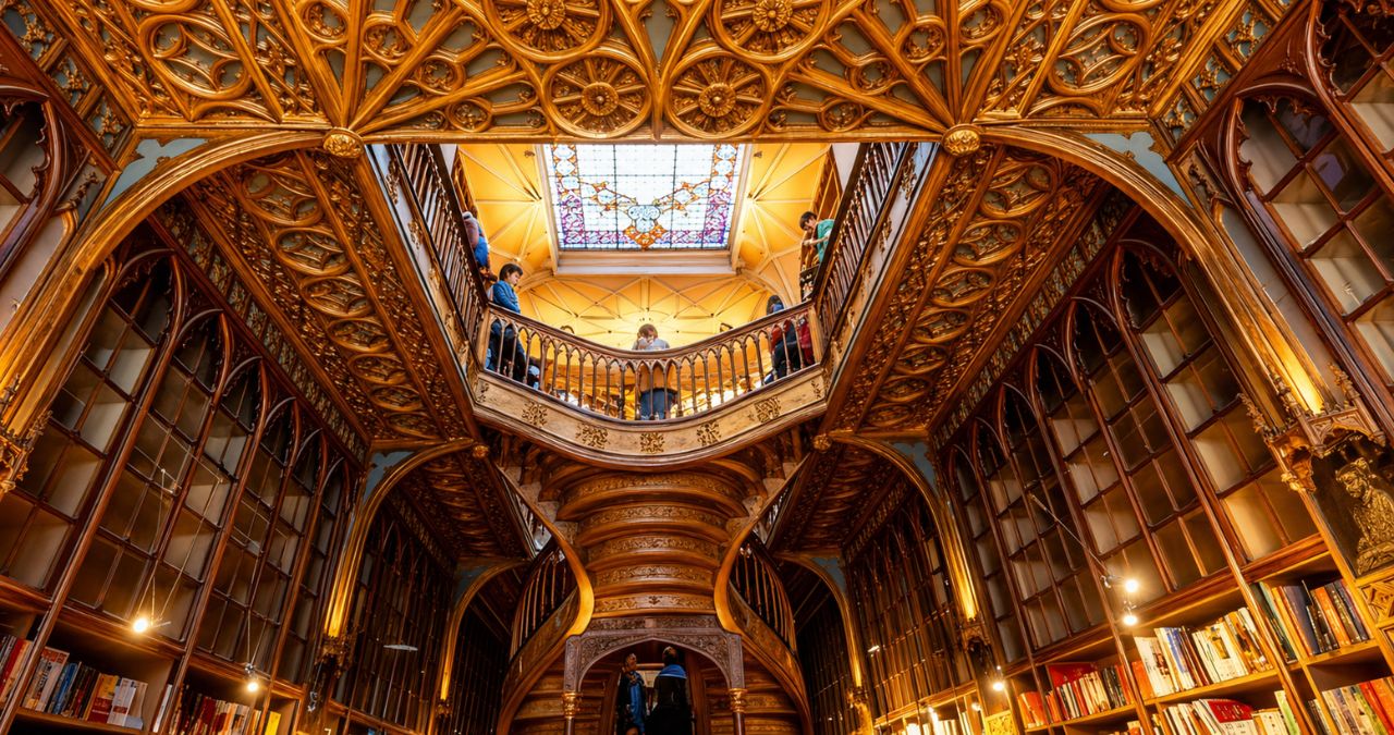 Interior da Livraria Lello com escadaria central ornamentada, madeira trabalhada e vitral no teto, com visitantes observando o espaço.