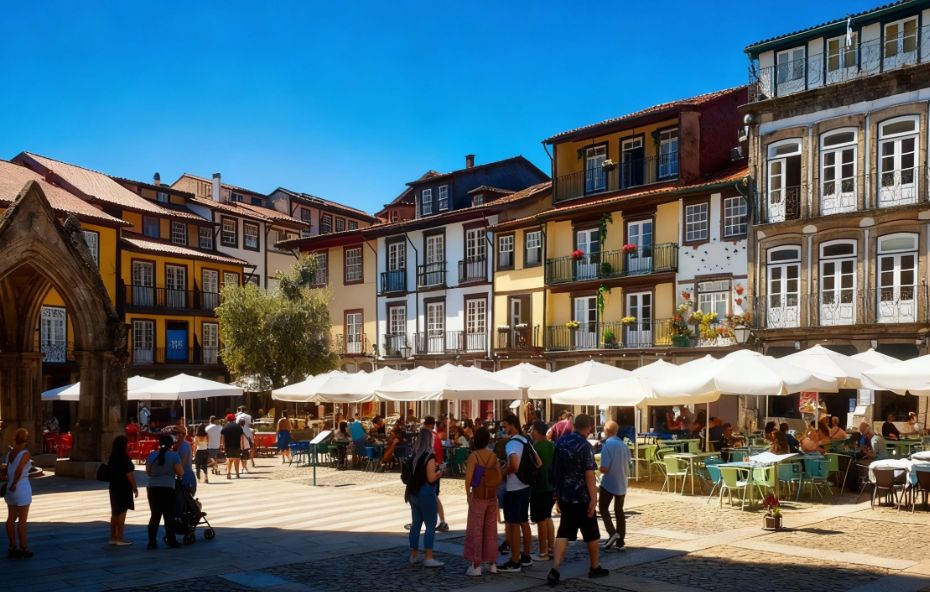 Vista do Largo da Oliveira em Guimarães com turistas circulando por uma praça de pedra cercada por casas históricas coloridas de arquitetura nortenha, com varandas de madeira e mesas de café sob guarda-sóis brancos em um dia ensolarado.