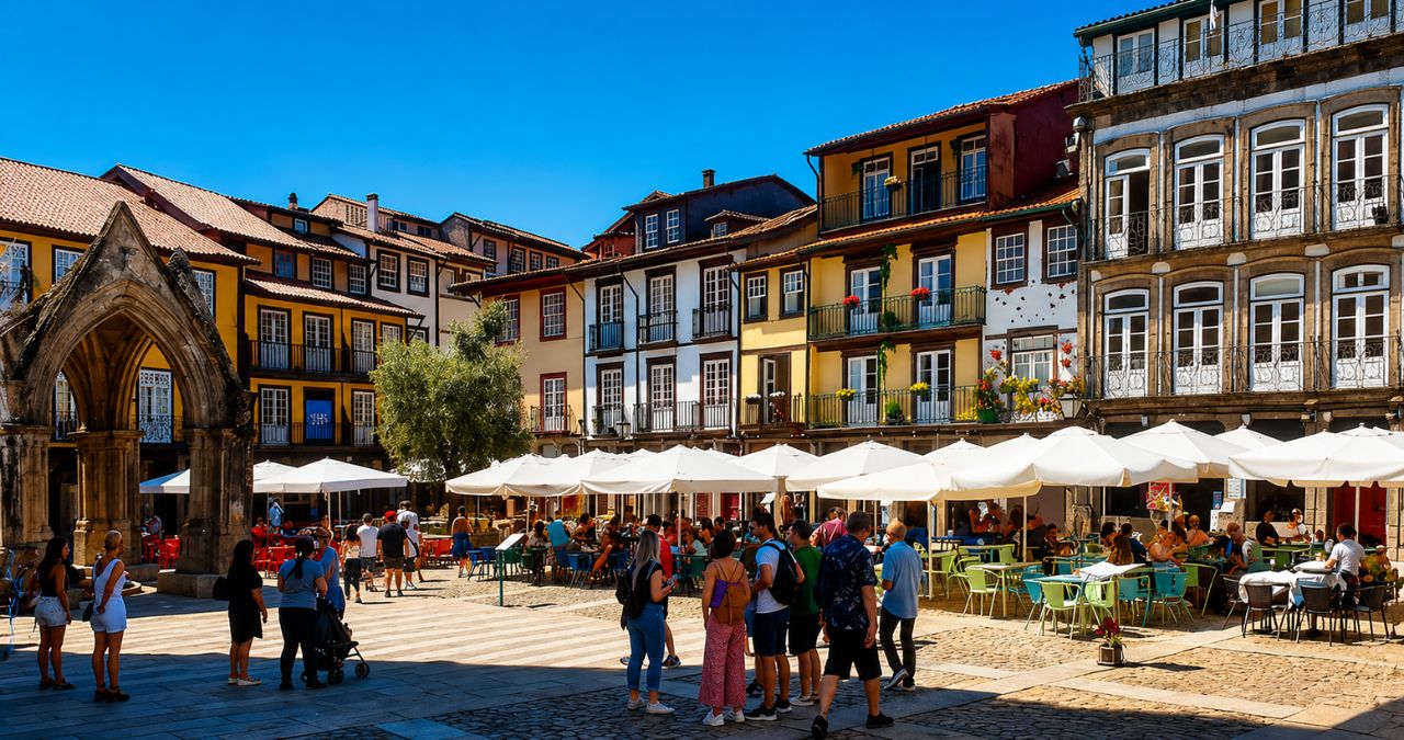 Pessoas caminham e jantam em um movimentado calçadão histórico de Guimarães sob um céu azul claro.