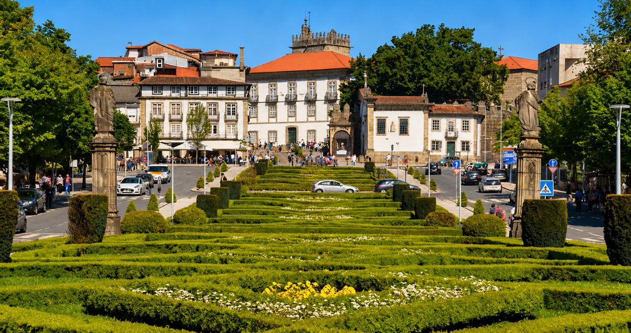 Vista panorâmica do Largo do Toural em Guimarães com jardins geométricos em primeiro plano e arquitetura histórica ao fundo sob céu azul.