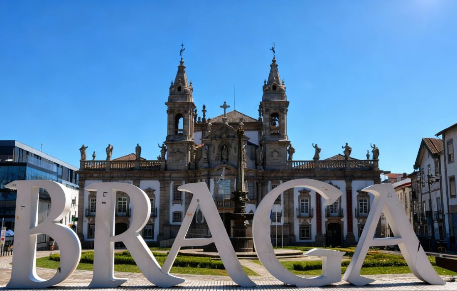 Letreiro tridimensional com letras brancas gigantes formando a palavra Braga em uma praça pavimentada com a fachada barroca da Igreja de São Marcos e o céu azul ao fundo.