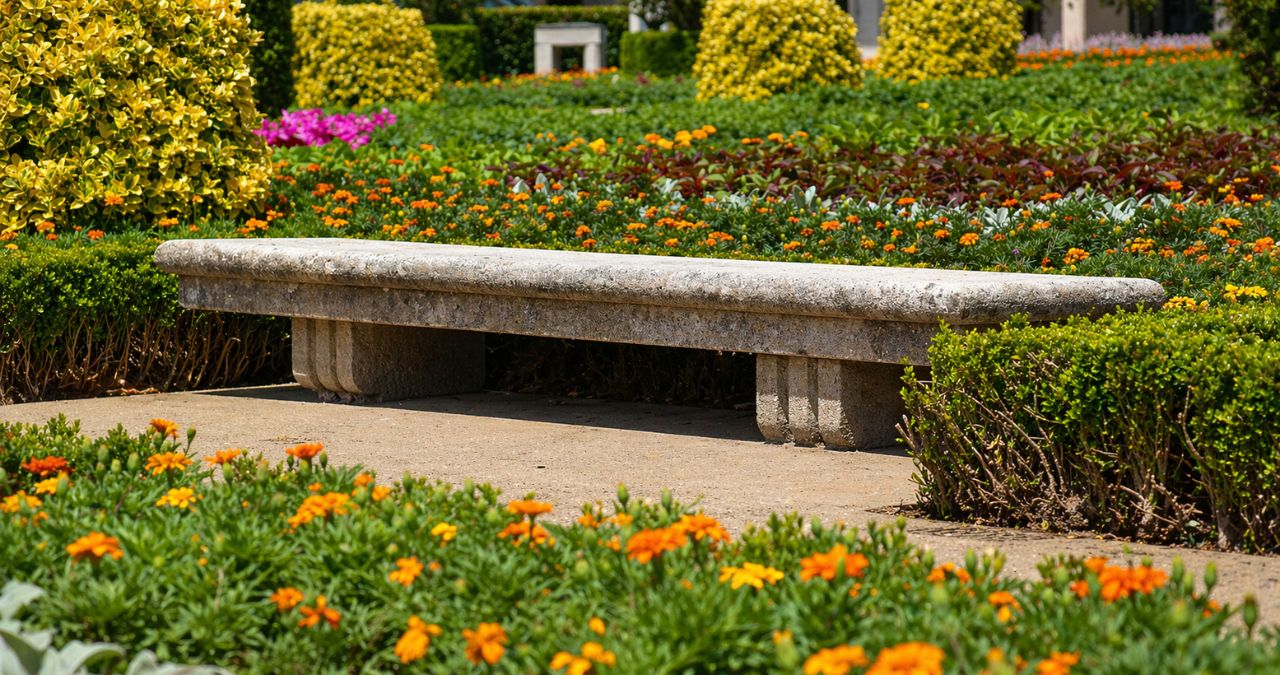 Banco horizontal de pedra clara cercado por canteiros de flores alaranjadas e arbustos verdes sob luz solar.