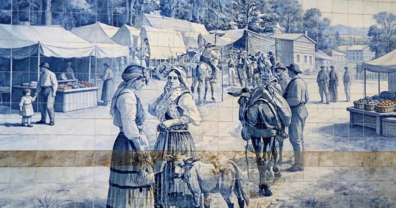 Um detalhado mural de azulejos azuis e brancos que retrata uma cena de feira de rua rural. Em primeiro plano, duas mulheres portuguesas em trajes tradicionais e um bezerro conversam perto de um homem e um jumento com carga. No fundo, há barracas de feira, outras figuras e edifícios de madeira.