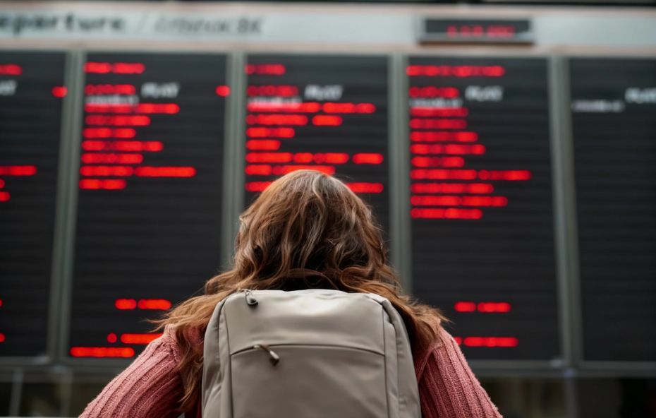 Vista traseira de uma mulher com mochila e blusa rosa olhando para um grande painel digital de aeroporto com diversas linhas de voos marcadas em vermelho indicando cancelamentos e atrasos.