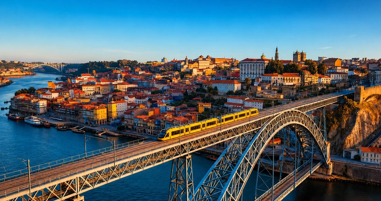 Vista da Ponte de Dom Luís I com um trem atravessando o tabuleiro superior, ligando Porto e Vila Nova de Gaia sobre o rio Douro ao entardecer.