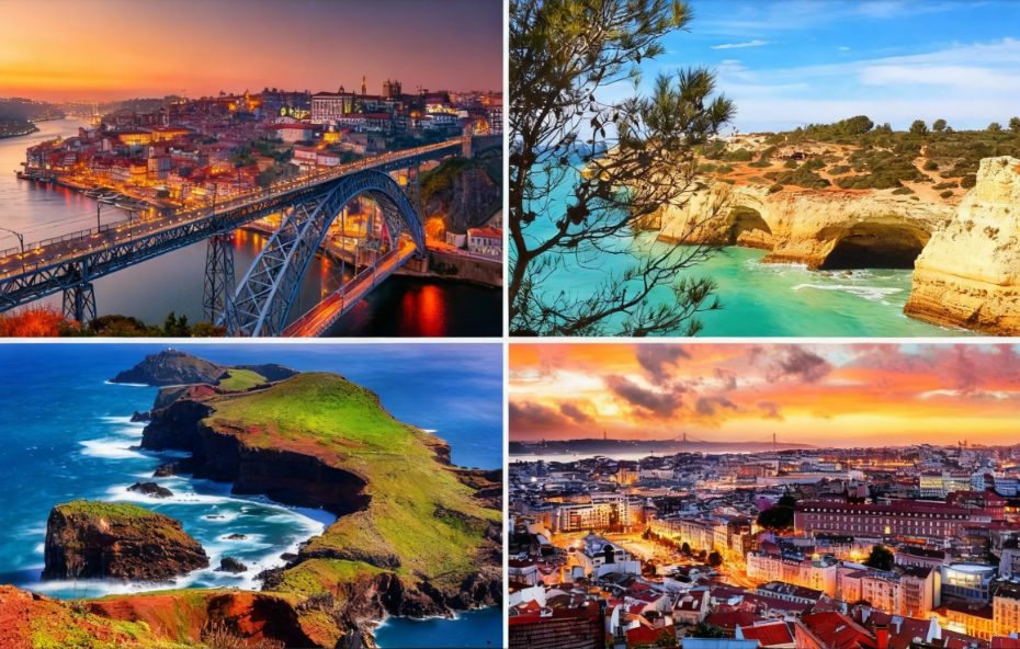 Montagem com quatro fotos de Portugal mostrando a Ponte Luís I no Porto iluminada à noite, as falésias douradas do Algarve com mar turquesa, a costa verdejante da Ilha da Madeira sob céu nublado e a vista panorâmica de Lisboa ao entardecer com as luzes da cidade acesas.