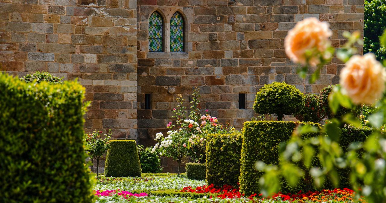 Close de arbustos esculpidos em formas geométricas com flores coloridas à frente de uma parede de pedra com janelas góticas.