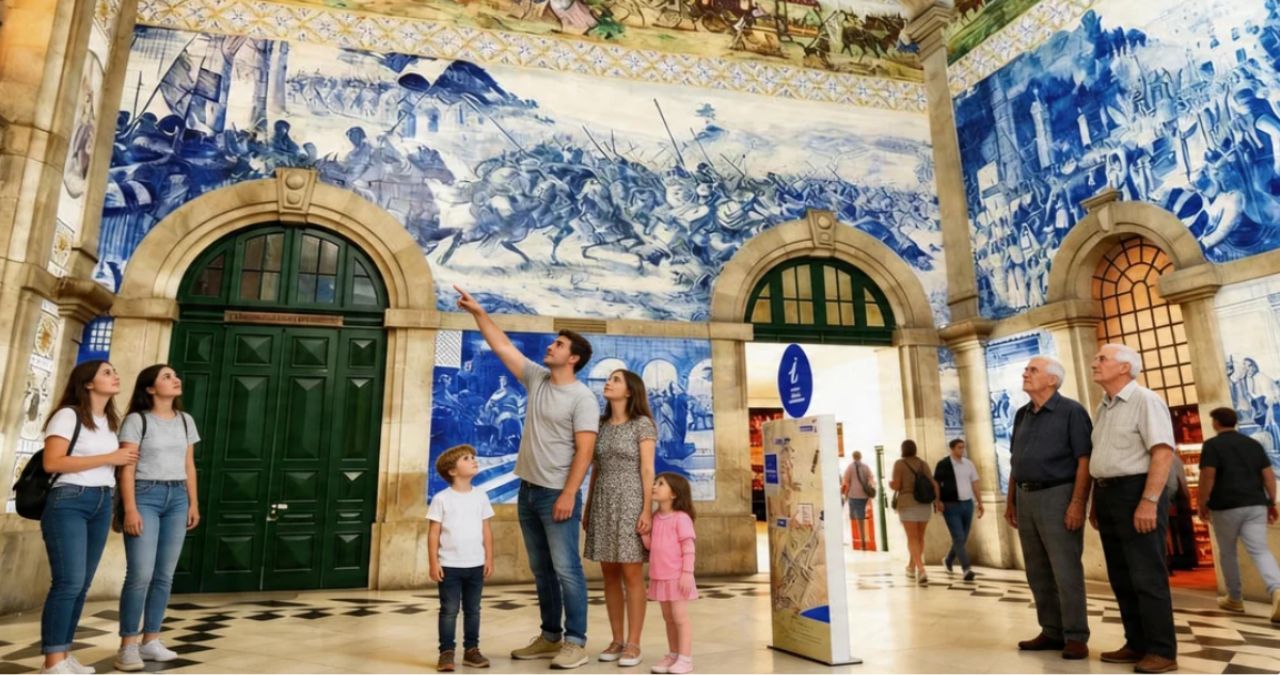 Família e turistas no átrio da Estação de São Bento observando os grandes painéis de azulejos azuis que retratam batalhas.