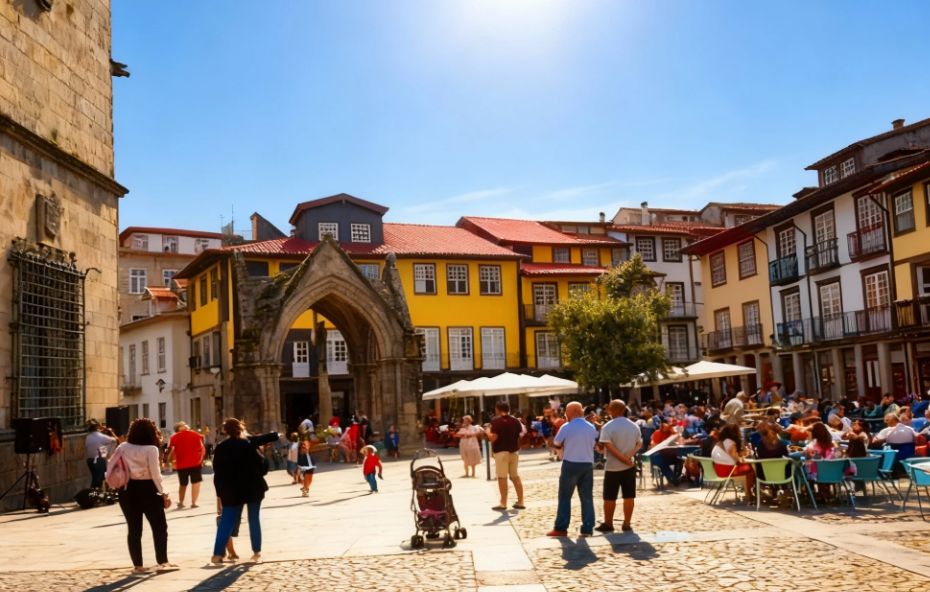 Fotografia colorida do Largo da Oliveira no Centro Histórico de Guimarães exibindo o monumento gótico Padrão do Salado e edifícios históricos com fachadas coloridas sob um céu azul ensolarado.