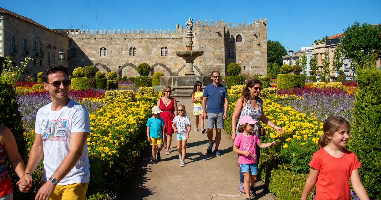 Vista de um jardim público com flores amarelas e roxas em primeiro plano, turistas caminhando e um castelo medieval ao fundo.