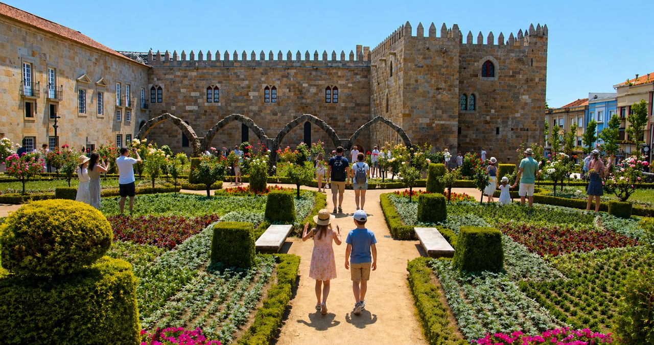 Jardim com canteiros geométricos e flores coloridas em primeiro plano com ruínas medievais de pedra ao fundo sob céu azul.