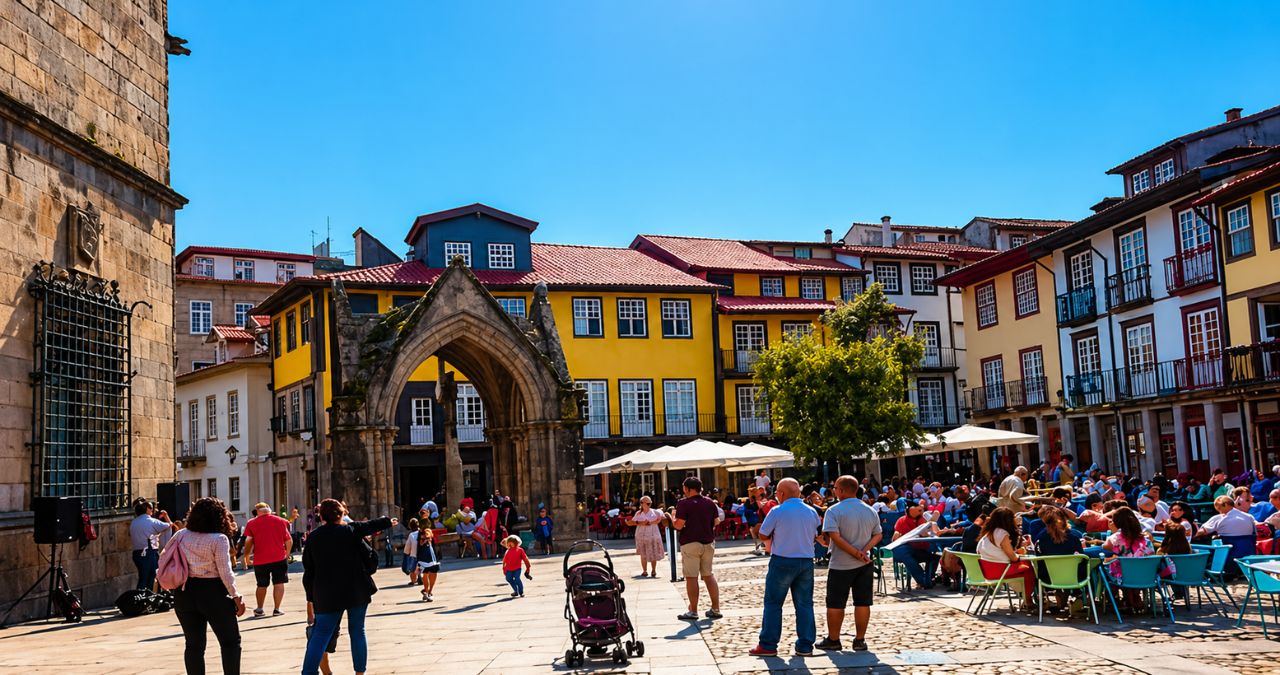 Pessoas caminham e relaxam em uma praça pavimentada em frente a edifícios históricos com arquitetura medieval e colorida.
