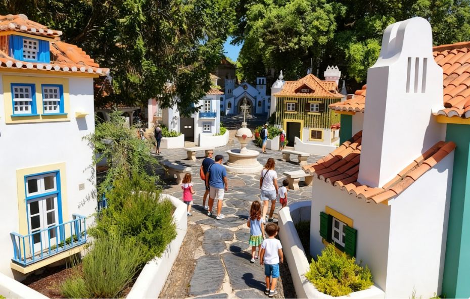 Vista em perspectiva de uma rua de pedra no parque Portugal dos Pequenitos com casas em miniatura de estilo tradicional português e diversas pessoas caminhando pelo local sob a sombra de árvores.