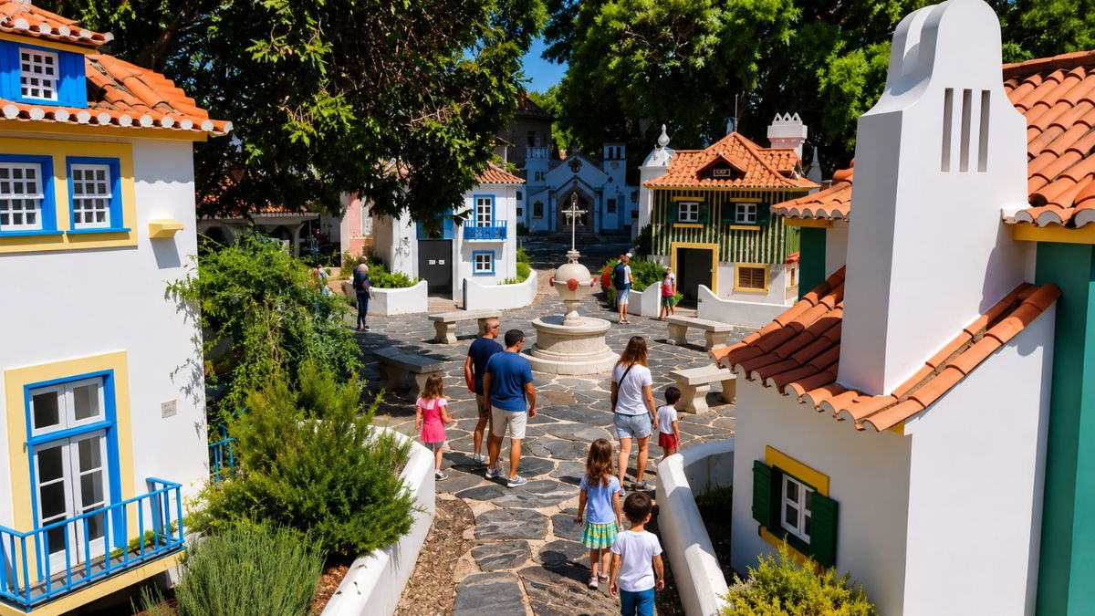Família com crianças caminha por ruela de pedra cercada por réplicas de casas tradicionais portuguesas em miniatura no Portugal dos Pequenitos em Coimbra.