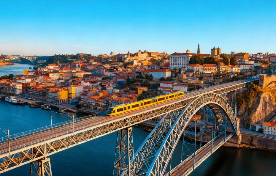 Fotografia aérea da Ponte de D. Luís I em arco metálico sobre o rio Douro, com um veículo amarelo do metro atravessando o tabuleiro superior sob céu azul.