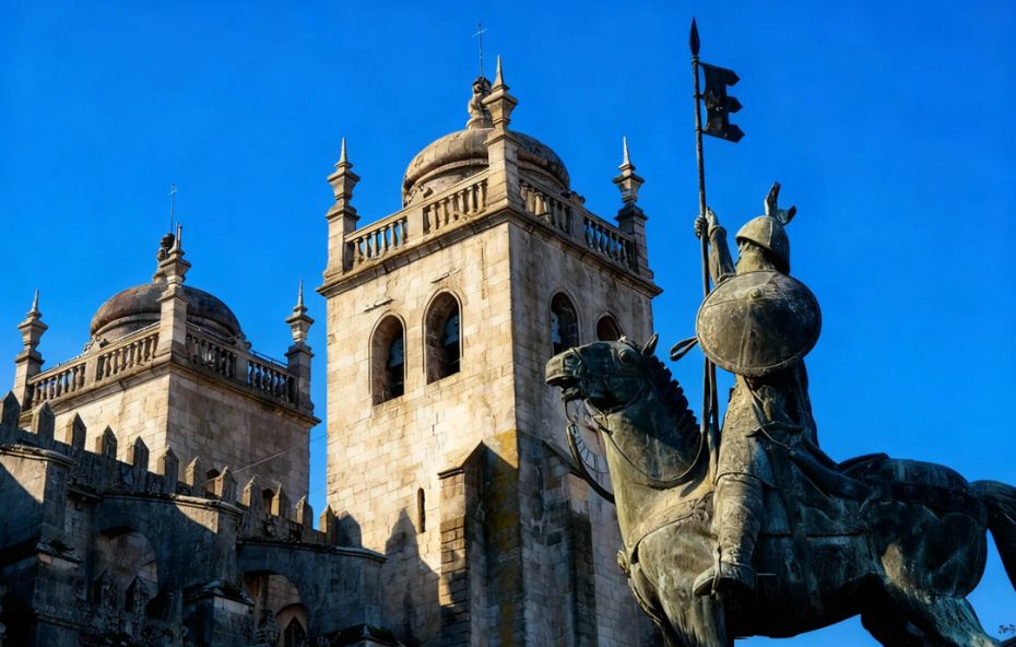 Fotografia em ângulo baixo da Catedral da Sé do Porto, com suas torres de pedra clara sob um céu azul vibrante. Em primeiro plano, à direita, destaca-se a estátua de bronze de Vímara Peres montado em um cavalo, segurando uma lança.