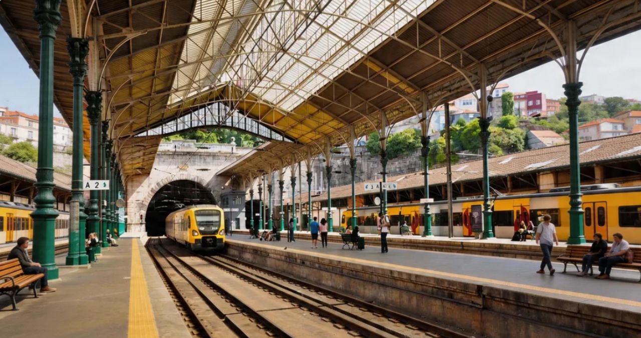 Fotografia das plataformas de embarque na Estação de São Bento exibindo um trem amarelo e a grande estrutura metálica.