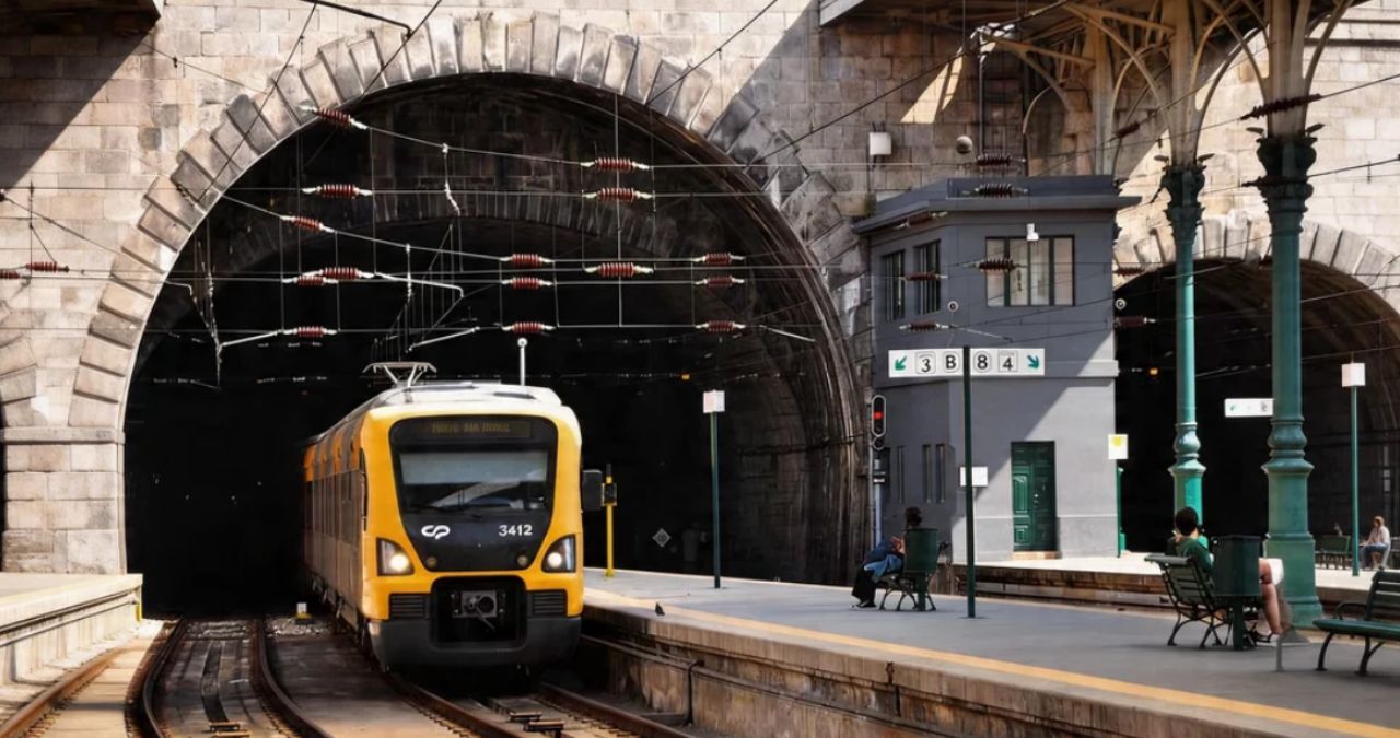 Um trem amarelo da CP está parado na plataforma sob um grande túnel de pedra e ferro na Estação de São Bento.
