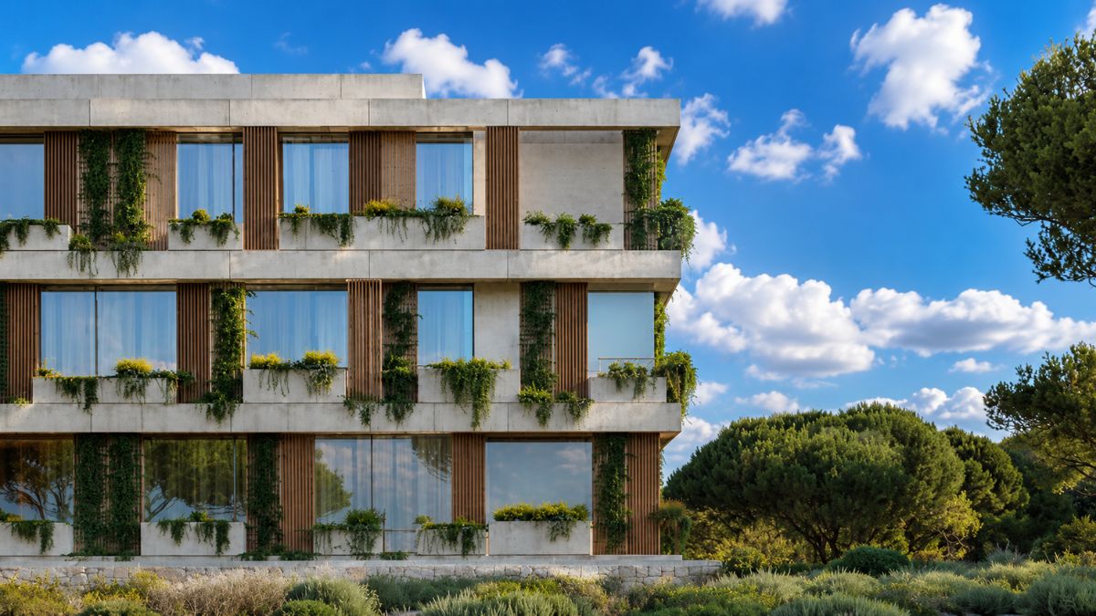 Fachada de edifício moderno com três andares em Cascais Portugal, combinando concreto texturizado brises de madeira e jardins verticais exuberantes com plantas pendentes em floreiras de concreto. Grandes janelas de vidro refletem a luz natural. O edifício está integrado a um jardim mediterrâneo com pinheiros e sob um céu azul com nuvens.