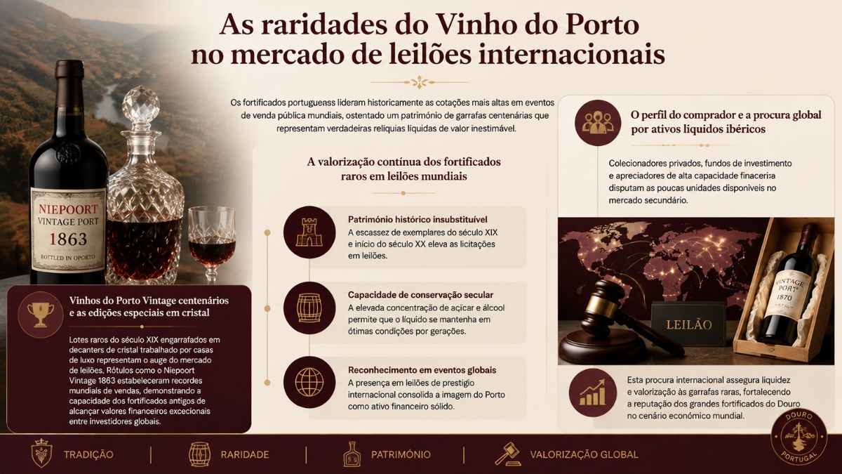 Infográfico sobre Vinhos do Porto raros em leilões exibindo a garrafa Niepoort Vintage 1863 com decanter de cristal e garrafa histórica.