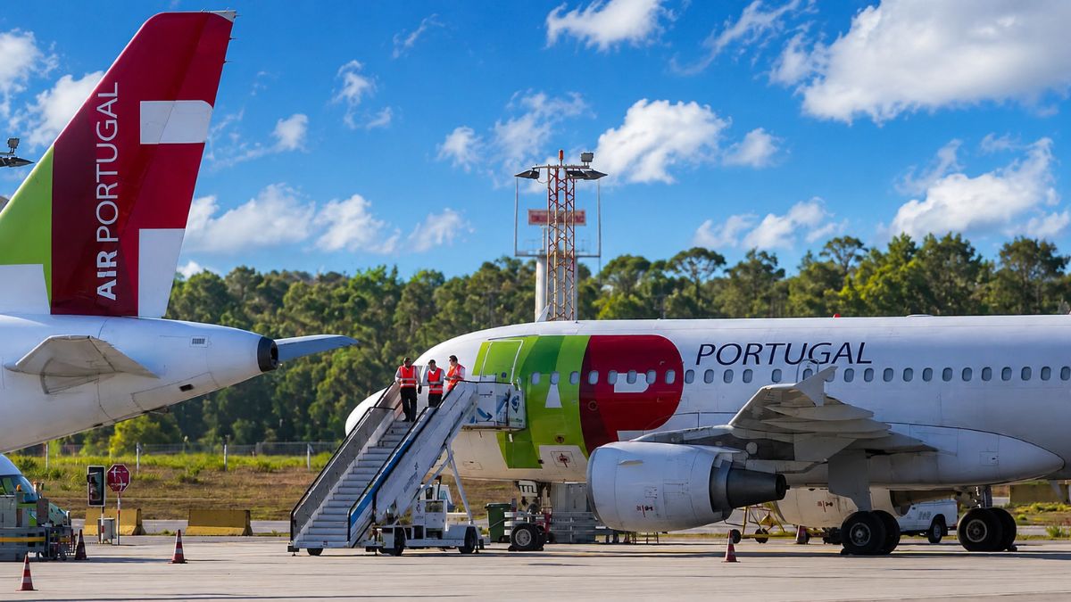 Aeronave comercial da companhia aérea TAP Air Portugal estacionada no pátio do aeroporto com equipe técnica na escada de embarque sob céu azul.