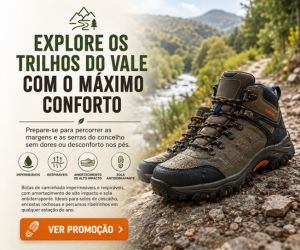 Banner publicitário com botas de caminhada impermeáveis e respiráveis sobre rochas num trilho natural, destacando sola antiderrapante e amortecimento para exploração de serras e percursos ribeirinhos.