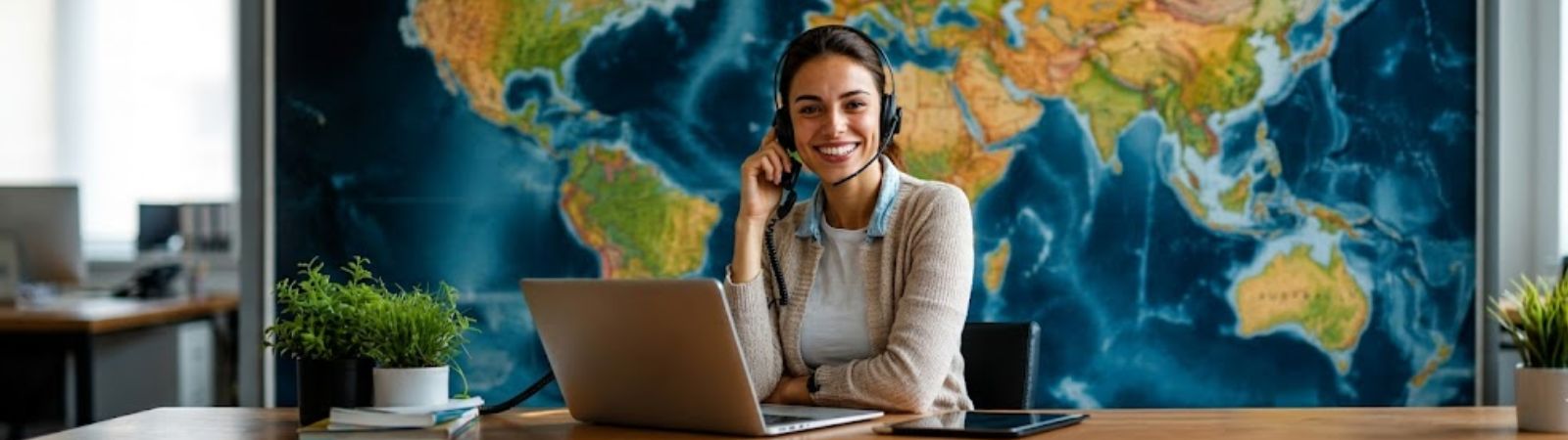 Banner horizontal com especialista em turismo usando headset e notebook em escritório decorado com grande mapa múndi ao fundo.