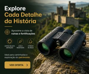 Binóculo preto compacto sobre rocha com gotas de água com fundo desfocado do castelo e ruínas históricas de Alenquer.