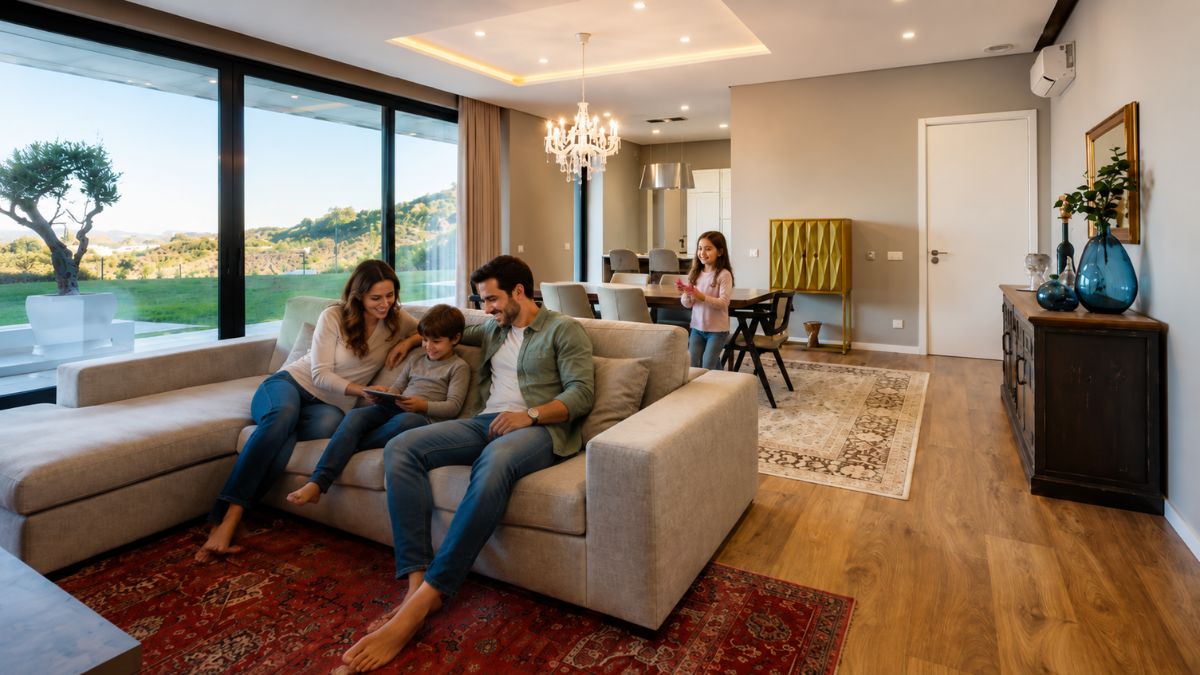 Família reunida no sofá de uma sala espaçosa e moderna em uma moradia para alugar em Arruda dos Vinhos, Portugal, com vista panorâmica para o jardim e colinas.