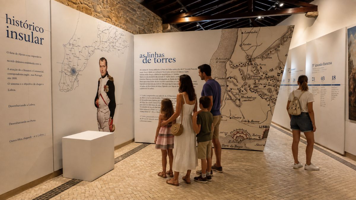 Família visitando o Centro de Interpretação das Linhas de Torres Vedras no Centro Cultural do Morgado em Arruda dos Vinhos.